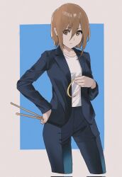 Rule 34 | 1girl, black jacket, black pants, black suit, brown eyes, brown hair, closed mouth, collarbone, commentary request, cowboy shot, drumsticks, formal, hair between eyes, hairband, unworn hairband, hand on own hip, highres, holding, holding drumsticks, holding hairband, jacket, k-on!, long sleeves, looking at viewer, open clothes, open jacket, pants, saya endo (27), shirt, short hair, solo, standing, suit, t-shirt, tainaka ritsu, white shirt, yellow hairband
