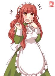 Rule 34 | 1girl, alternate costume, apron, artist logo, blunt bangs, braid, brown eyes, commentary request, cowboy shot, dated, de ruyter (kancolle), dress, enmaided, frilled apron, frills, green dress, highres, kanon (kurogane knights), kantai collection, long hair, looking at viewer, maid, red hair, side braid, simple background, smile, solo, wavy hair, white apron, white background