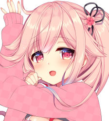 Rule 34 | 1girl, clenched hand, commentary request, flower, hair between eyes, hair flaps, hair flower, hair ornament, hair ribbon, harusame (kancolle), heart, highres, kantai collection, long sleeves, looking at viewer, open mouth, pink eyes, pink hair, pink sweater, ribbon, ringo sui, side ponytail, solo, sweater, upper body, white background