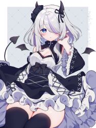 Rule 34 | 1girl, artist name, black capelet, black horns, black skirt, black thighhighs, blue eyes, border, bow, breasts, capelet, cleavage, collared capelet, commentary request, commission, cowboy shot, cross-laced clothes, cross-shaped pupils, dated, demon girl, demon horns, demon tail, demon wings, detached sleeves, detached wings, dress, dress bow, ear piercing, frilled dress, frilled sleeves, frills, grey background, grey hair, hand up, highres, horn ornament, horn ribbon, horns, medium hair, mochiko tsuru, multicolored hair, one eye covered, original, outside border, parted lips, piercing, pointy ears, ribbon, signature, simple background, sitting, skeb commission, skirt, solo, streaked hair, swept bangs, symbol-shaped pupils, tail, thighhighs, thighs, two-tone hair, white border, white dress, wide sleeves, wings, yamai yurika