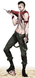 Rule 34 | 1boy, animification, armlet, bandages, beard, black hair, blood, blood on face, brown eyes, facial hair, far cry, far cry 3, highres, male focus, midriff, mohawk, navel, pants, scar, simple background, solo, sorano kairi (tinmeshi), standing, suspenders, suspenders slip, toned, vaas montenegro, white background