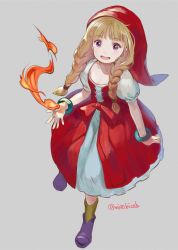 Rule 34 | 1girl, :d, blonde hair, bow, braid, corset, dragon quest, dragon quest xi, dress, fire, full body, grey background, hat, looking at viewer, magic, miso katsu, open mouth, puffy short sleeves, puffy sleeves, purple eyes, purple footwear, red dress, red hat, shoes, short sleeves, simple background, smile, socks, solo, twin braids, twitter username, veronica (dq11), white dress, yellow socks