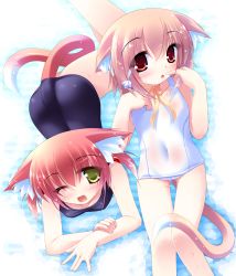Rule 34 | 2girls, animal ears, brown hair, cat ears, cat tail, child, flat chest, highres, inuneko, lying, multiple girls, one eye closed, red eyes, red hair, ribbon, swimsuit, tail, yellow eyes
