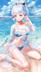 Rule 34 | 1girl, absurdres, alternate costume, arm support, arms behind head, ayaka (genshin impact), barefoot, beach, bikini, blue bikini, blue eyes, blue hair, blue sky, blush, breasts, cloud, cloudy sky, collarbone, commentary, eshineko, flower, frilled bikini, frills, genshin impact, hair flower, hair ornament, hand up, highres, horizon, light blue hair, looking to the side, lying, medium breasts, mole, mole under eye, navel, ocean, on stomach, open clothes, open mouth, open shirt, ponytail, see-through, see-through shirt, shirt, sitting, sky, smile, solo, swimsuit, symbol-only commentary, thighs, wariza, white shirt