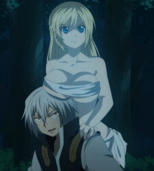 Rule 34 | 1boy, 1girl, absurdres, bare shoulders, blonde hair, blue eyes, breast rest, breasts, breasts on head, carrying, cleavage, collarbone, hand on another&#039;s shoulder, highres, large breasts, long hair, piggyback, screencap, shirt, stitched, third-party edit, touka scott, underboob, white hair, white shirt, yellow eyes, yuna yunis, yuusha ga shinda!