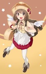 Rule 34 | 1girl, :d, ankle boots, apron, armpits, backpack, bad id, bad pixiv id, bag, bare shoulders, blush, boots, brown eyes, brown footwear, brown hair, buckle, buttons, collar, collared vest, detached wings, eyebrows, food-themed clothes, fork print, gomashi (goma), handbag, hat, highres, looking at viewer, open mouth, original, pantyhose, pinstripe pattern, pinstripe vest, pleated skirt, print headwear, red ribbon, red skirt, ribbon, round teeth, scrunchie, short hair, simple background, skirt, smile, solo, spoon print, striped clothes, striped pantyhose, striped vest, teeth, thick eyebrows, two-tone background, vertical-striped clothes, vertical-striped pantyhose, vest, waist apron, white pantyhose, white wings, wings, wrist scrunchie