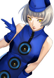 Rule 34 | 1girl, absurdres, bare shoulders, blue dress, blue gloves, blue hat, blunt bangs, bob cut, cabbie hat, dress, elizabeth (persona), gloves, grey hair, hat, head tilt, highres, lips, looking at viewer, persona, persona 3, pertex 777, pink lips, short hair, simple background, sleeveless, sleeveless dress, smile, solo, white background, yellow eyes