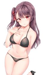 Rule 34 | 1girl, absurdres, arm behind back, bad id, bad twitter id, bikini, black bikini, black footwear, blush, breasts, cleavage, closed mouth, collarbone, girls&#039; frontline, hair ribbon, half updo, hand on own chest, high heels, highres, large breasts, leg up, long hair, looking at viewer, navel, one side up, purple hair, red eyes, red ribbon, ribbon, sidelocks, simple background, solo, stomach, string bikini, swimsuit, very long hair, wa2000 (girls&#039; frontline), white background, zerocat
