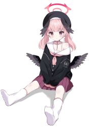 Rule 34 | 1girl, beret, between legs, black hat, black shirt, black wings, blue archive, blush, closed mouth, collarbone, cram960, feathered wings, halo, hand between legs, hat, head wings, highres, koharu (blue archive), long sleeves, looking at viewer, low wings, neckerchief, no shoes, off shoulder, pink eyes, pink hair, pink neckerchief, pleated skirt, purple skirt, sailor collar, school uniform, serafuku, shirt, simple background, single bare shoulder, sitting, skirt, sleeves past fingers, sleeves past wrists, socks, soles, solo, twintails, white background, white sailor collar, white socks, wings