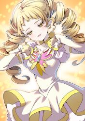 Rule 34 | aged up, blonde hair, blush, breasts, butterfly brooch, butterfly earrings, choker, cure lemonade, detached sleeves, dress, drill hair, earrings, gradient background, highres, jewelry, kasugano urara (yes! precure 5), looking at viewer, magical girl, medium breasts, osarutukamaeru, precure, twin drills, yellow background, yellow choker, yellow dress, yellow eyes, yellow theme, yes! precure 5