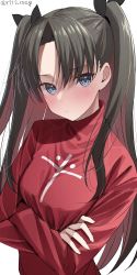 Rule 34 | 1girl, absurdres, black hair, black ribbon, blue eyes, blush, closed mouth, commentary, crossed arms, fate/stay night, fate (series), hair ribbon, highres, kawai ritsu (rits meg), long hair, long sleeves, print sweater, red sweater, ribbon, solo, sweater, tohsaka rin, twitter username, two side up, upper body