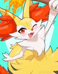 1other animal_ears blush braixen commentary creatures_(company) fang fire fox_ears fox_tail furry game_freak gen_6_pokemon green_background highres holding nintendo one_eye_closed open_mouth orange_eyes other_focus pokemon pokemon_(creature) smile sokishii stick tail