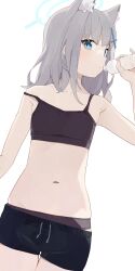 Rule 34 | 1girl, alternate breast size, animal ear fluff, animal ears, black camisole, black panties, black shorts, blue archive, blue eyes, bottle, camisole, collarbone, commentary, crop top, flat chest, grey hair, halo, highres, hiroki (yyqw7151), holding, holding bottle, looking at viewer, mismatched pupils, navel, panties, shiroko (blue archive), shorts, simple background, solo, stomach, thigh gap, underwear, white background, wolf ears
