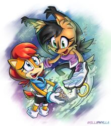 2girls absurdres animal_ears artist_name black_hair blue_eyes brown_fur chipmunk_ears chipmunk_girl commentary cowboy_shot english_commentary furry furry_female gloves green_eyes happy_tears highres holding lynx multiple_girls nicole_the_holo-lynx red_hair ring_(sonic) sally_acorn slliphylla sonic_(series) sonic_the_hedgehog_(archie_comics) tail tears teeth upper_teeth_only white_gloves yuri