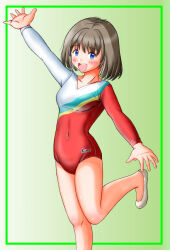 Rule 34 | 1girl, artist request, blue eyes, blush, breasts, brown hair, collarbone, green background, leotard, long sleeves, looking at viewer, medium breasts, open mouth, original, red leotard, shoes, short hair, smile, solo, standing, standing on one leg, white footwear