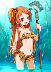 Rule 34 | 10s, 1girl, :d, absurdres, animal print, bandeau, bare shoulders, blush, brown eyes, brown hair, commentary request, fish, flower, hair flower, hair ornament, highres, idolmaster, idolmaster million live!, leopard print, loincloth, long hair, looking at viewer, mercy rabbit, midriff, navel, one side up, ogami tamaki, open mouth, polearm, smile, solo, spear, strapless, tube top, wading, water, weapon, wet