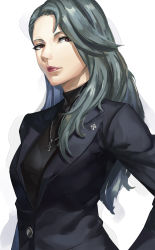 Rule 34 | 1girl, absurdres, black shirt, blazpu, grey hair, highres, jewelry, long hair, long sleeves, looking at viewer, necklace, niijima sae, persona, persona 5, red eyes, shirt, solo, upper body, white background