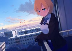 Rule 34 | 1girl, black gloves, black jacket, blonde hair, blue eyes, blue skirt, blush, bow, bowtie, crossed arms, feet out of frame, girls&#039; frontline, gloves, highres, hinami047, jacket, looking at viewer, medium hair, open clothes, open jacket, russia, scenery, shirt, shoulder strap, skirt, solo, standing, vsk-94 (girls&#039; frontline), white shirt