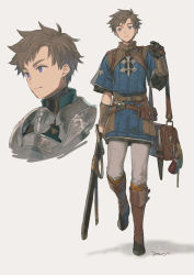 Rule 34 | 1boy, armor, artist name, bag, belt, belt pouch, black gloves, boots, bottle, breastplate, brown bag, brown footwear, brown hair, closed mouth, dagger, earrings, fantasy, gloves, grey background, highres, holding, holding bag, holding sword, holding weapon, jewelry, knife, male focus, moryo, original, pouch, purple eyes, rope, sheath, sheathed, signature, simple background, solo, sword, vambraces, walking, weapon
