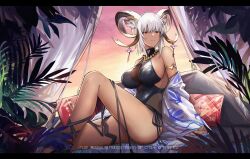 Rule 34 | 1girl, arknights, armlet, black one-piece swimsuit, breasts, carnelian (arknights), carnelian (shimmering dew) (arknights), commentary, copyright notice, couch, cross, cross necklace, curtains, dark-skinned female, dark skin, feet out of frame, halterneck, highres, horns, jewelry, jia redian ruzi ruzi, large breasts, medium hair, necklace, off shoulder, official alternate costume, one-piece swimsuit, red eyes, sitting, solo, sunset, swimsuit, white hair