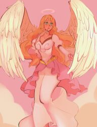 Rule 34 | 1girl, absurdres, angel, blonde hair, closed mouth, dress, fire emblem, fire emblem: path of radiance, fire emblem: radiant dawn, green eyes, halo, highres, leanne (fire emblem), long hair, looking at viewer, nintendo, pachipaola, simple background, solo, white dress, wings