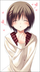 Rule 34 | 1girl, blush, brown hair, closed eyes, hair ornament, hairclip, hand on own chest, hand on own face, heart, kiss, original, short hair, solo, sweater, zinno