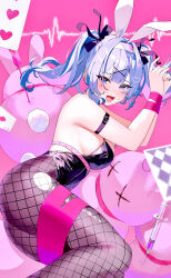 Rule 34 | 1girl, absurdres, ace (playing card), ace of diamonds, animal ears, arrow (projectile), bare shoulders, black leotard, black ribbon, blue eyes, blue hair, blunt bangs, blurry, blurry foreground, blush, bound, breasts, card, chest harness, diamond (shape), fake animal ears, fake tail, fang, feet out of frame, fishnet pantyhose, fishnets, hair ornament, hairband, harness, hatsune miku, heart, heart-shaped pupils, highleg, highleg leotard, highres, large breasts, leotard, long hair, looking at viewer, multicolored hair, open mouth, pantyhose, pink background, pink hair, pink ribbon, pink theme, playboy bunny, playing card, polka dot, polka dot background, rabbit ears, rabbit hair ornament, rabbit hole (vocaloid), rabbit tail, ribbon, skin fang, solo, spaghetti strap, streaked hair, stuffed toy, sweat, symbol-shaped pupils, syringe, tail, teardrop facial mark, tied up (nonsexual), tongue, tsuziki tsuki, twintails, two-tone hair, vocaloid, white hairband, x hair ornament