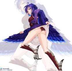 1girl ass bird_legs blue_eyes blue_feathers blue_hair blue_wings breasts clothes_lift commentary commission dress dress_lift english_commentary feathers freckles grin harpy lace lace_panties leather_vest lifting_own_clothes likunea looking_at_viewer looking_back messy_hair monster_girl original panties patreon_username purple_dress red_panties shin_guards short_hair small_breasts smile solo talons twitter_username underwear white_background winged_arms wings zoom_layer