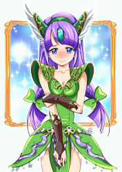 Rule 34 | 1girl, alternate costume, armor, blue eyes, blush, bow, breasts, bridal gauntlets, cleavage, closed mouth, covering crotch, covering privates, cowboy shot, dress, embarrassed, green bow, green dress, hair bow, kaguya madoka, komatsu mikako, long hair, looking at viewer, medium breasts, precure, purple hair, riesz, seiken densetsu, seiken densetsu 3, short dress, shoulder armor, sleeveless, sleeveless dress, solo, standing, star twinkle precure, tomo5656ky, very long hair, voice actor connection