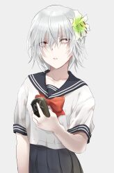 Rule 34 | 1girl, a certain high school uniform, accelerator (toaru majutsu no index), albino, black sailor collar, black skirt, bow, bowtie, can, canned coffee, collarbone, commentary, drink, drink can, flower, genderswap, genderswap (mtf), hair flower, hair ornament, highres, holding, holding can, holding drink, kama nuki, red bow, red bowtie, red eyes, sailor collar, school uniform, serafuku, short hair, short sleeves, simple background, skirt, soda can, solo, summer uniform, suzushina yuriko, toaru majutsu no index, upper body, white background, white hair