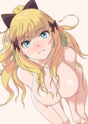 Rule 34 | 1girl, blonde hair, blue eyes, blush, bow, breasts, cleavage, collarbone, completely nude, elf, from above, hair bow, hair ornament, hands on own knees, large breasts, long hair, looking at viewer, looking up, nipples, nude, pointy ears, princess connect!, saren (princess connect!), simple background, solo, suesan