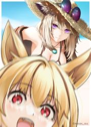Rule 34 | 2girls, :3, :d, animal ear fluff, animal ears, arknights, bare shoulders, blonde hair, blurry, blurry foreground, blush, breasts, ceobe (arknights), cleavage, closed mouth, collarbone, depth of field, eyewear on headwear, fangs, hair ornament, hairclip, hat, jewelry, large breasts, long hair, looking at viewer, multiple girls, necklace, official alternate costume, open mouth, photobomb, purple eyes, red eyes, round eyewear, smile, straw hat, sunglasses, twitter username, utage (arknights), utage (summer flowers) (arknights), x hair ornament, yokaze (yokajie)