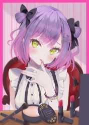 Rule 34 | 1girl, black bow, blush, bow, closed mouth, cosmetics, demon tail, earrings, finger to mouth, green eyes, hair bow, hair ornament, hairclip, hand up, highres, hololive, jewelry, kurusu rei, lipstick tube, looking at viewer, multicolored hair, nail polish, piercing, pink hair, pink nails, purple eyes, shirt, short hair, tail, tail ornament, tail piercing, tail raised, tokoyami towa, two-tone hair, two side up, virtual youtuber, white shirt, x hair ornament