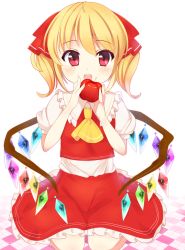 Rule 34 | 1girl, :o, alternate hairstyle, apple, ascot, ashino, bad id, bad pixiv id, blonde hair, blush, female focus, flandre scarlet, food, fruit, highres, holding, looking at viewer, red eyes, skirt, solo, touhou, twintails, wings
