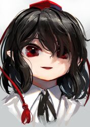 Rule 34 | 1girl, black hair, collared shirt, gradient background, hat, highres, looking at viewer, open mouth, pointy ears, portrait, red eyes, red hat, shameimaru aya, shirt, short hair, solo, suna (s73d), tokin hat, touhou, white shirt