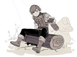 Rule 34 | 1boy, alcohol, armor, belt, blush, boots, bottle, chilchuck tims, dungeon meshi, frown, full body, gloves, halfling, highres, holding, holding bottle, kimsun 28, knee boots, leather armor, log, looking at viewer, male focus, messy hair, monochrome, pants, scarf, shirt, short hair, sitting, sleeves rolled up, solo, sunlight