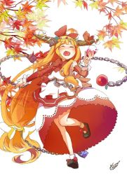 Rule 34 | 1girl, alternate costume, bell, bow, chain, cuffs, dress, hair bow, hair ornament, horn bow, horns, htk mikan, ibuki suika, leaf, long hair, maple leaf, open mouth, orange hair, red bow, red wine, shackles, sleeveless, sleeveless dress, solo, touhou