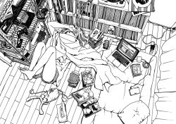Rule 34 | 1girl, blanket, book, bookshelf, charger, computer, controller, curtains, electrical outlet, feet up, futon, game console, game controller, greyscale, hand on own head, handheld game console, headphones, laptop, lying, manga (object), monochrome, nintendo 3ds, on back, phone, phonograph, pillow, power strip, record, shirokumacham, short shorts, shorts, solo, stuffed animal, stuffed toy, tissue box, turntable, wooden floor
