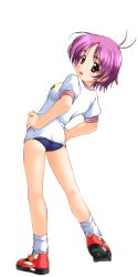 Rule 34 | 1girl, ahoge, antenna hair, artist request, ass, back, blush, breasts, buruma, character request, from behind, full body, gym uniform, hands on own hips, kneepits, leaning back, legs apart, looking at viewer, looking back, medium breasts, open mouth, pink hair, red eyes, red footwear, shirt, shoes, short hair, short sleeves, simple background, smile, sneakers, socks, solo, standing, stretching, white background, white footwear, white shirt, white socks