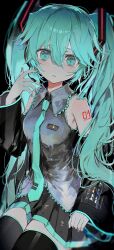 Rule 34 | 1girl, :&lt;, absurdres, black background, black skirt, black sleeves, black thighhighs, blue eyes, blue hair, blue nails, blue necktie, blush, breasts, closed mouth, collared shirt, cowboy shot, detached sleeves, frilled shirt, frills, grey shirt, hair ornament, hatsune miku, head tilt, headset, highres, legs together, long sleeves, looking at viewer, medium breasts, microphone, miniskirt, nail polish, necktie, number tattoo, pleated skirt, shirt, simple background, skirt, sleeveless, sleeveless shirt, solo, tattoo, tekito midori, thighhighs, tie clip, twintails, vocaloid, zettai ryouiki