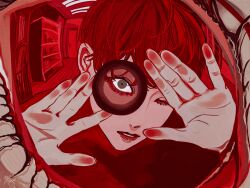 Rule 34 | 1boy, against glass, close-up, commentary request, eye focus, hands up, highres, indoors, kagoya1219, looking at viewer, male focus, monochrome, one eye closed, original, parted lips, portrait, red theme, short hair, solo, surreal, tagme