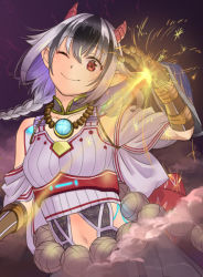 Rule 34 | 1girl, black hair, breasts, crossette (xenoblade), fireworks, gloves, looking at viewer, multicolored clothes, multicolored hair, nintendo, ooshima aki, open mouth, short hair, simple background, solo, white background, white hair, xenoblade chronicles (series), xenoblade chronicles 2
