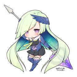 Rule 34 | 1girl, black shirt, black skirt, blue footwear, blue wings, boots, brynhildr (fate), chibi, closed mouth, dated, eyes visible through hair, fate/prototype, fate/prototype: fragments of blue and silver, fate (series), feathered wings, full body, gauntlets, green hair, green neckwear, hair over one eye, hair wings, head wings, holding, holding polearm, holding spear, holding weapon, kanya pyi, knee boots, light frown, long hair, pink thighhighs, pleated skirt, polearm, purple eyes, shirt, simple background, skirt, sleeveless, sleeveless shirt, solo, spear, thighhighs, thighhighs under boots, very long hair, weapon, white background, wings
