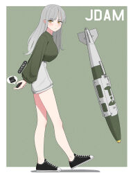Rule 34 | 1girl, artist name, atamonica, black footwear, blush, bomb, breasts, closed mouth, commentary, english commentary, english text, explosive, from side, full body, green sweater, grey hair, grey shorts, high-waist shorts, jdam, large breasts, legs, long hair, looking at viewer, original, personification, shorts, solo, sweater, walking, yellow eyes