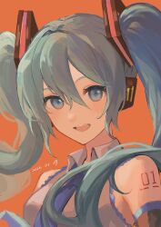 Rule 34 | 1girl, absurdres, aqua hair, bare shoulders, black sleeves, blue eyes, blue necktie, collared shirt, commentary, dated, detached sleeves, grey shirt, hair between eyes, hair ornament, hair over shoulder, hatsune miku, headphones, highres, ibispaint (medium), light blush, long hair, looking at viewer, min10, necktie, number tattoo, open mouth, orange background, shirt, shoulder tattoo, sleeveless, sleeveless shirt, solo, tattoo, teeth, twintails, upper body, upper teeth only, vocaloid