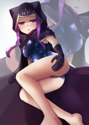 Rule 34 | 1girl, bare legs, barefoot, black cape, blush, cape, capelet, cloak, collar, fate/grand order, fate (series), highres, hood, hood up, hooded capelet, hooded cloak, kuro yanagi, long braid, long hair, looking at viewer, medusa (fate), medusa (lancer) (fate), medusa (rider) (fate), one-piece swimsuit, purple eyes, purple hair, red collar, rider, school swimsuit, skin tight, skindentation, solo, swimsuit