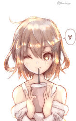 Rule 34 | 1girl, brown eyes, brown hair, chicken99, commentary request, drink, drinking straw, heart, ikazuchi (kancolle), kantai collection, looking at viewer, one-hour drawing challenge, one eye closed, shirt, simple background, solo, spoken heart, tumbler, upper body, white background, white shirt