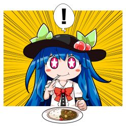 Rule 34 | !, 1girl, blue hair, blush stickers, bow, byourou, chibi, curry, curry rice, eating, emphasis lines, food, fruit, hat, hinanawi tenshi, long hair, peach, red eyes, rice, smile, solo, star-shaped pupils, star (symbol), symbol-shaped pupils, touhou
