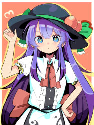 Rule 34 | 1girl, alternate eye color, black hat, blue eyes, blue hair, blush, buttons, center frills, collared shirt, food, food-themed hat ornament, frills, fruit, fruit hat ornament, green ribbon, hair between eyes, hand on headwear, hand on own hip, harakune (mugennero), hat, hat ornament, hat ribbon, highres, hinanawi tenshi, leaf, long hair, parted lips, peach, puffy short sleeves, puffy sleeves, red background, ribbon, shirt, short sleeves, simple background, solo, touhou, upper body, white shirt
