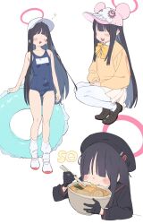Rule 34 | 1girl, absurdres, bad id, bad pixiv id, black footwear, black gloves, black hair, black headwear, blue archive, blue one-piece swimsuit, blush stickers, bow, bowl, bowtie, chopsticks, covered navel, dorontabi, eating, faceless, faceless female, food, gloves, hair over eyes, halo, hat, highres, holding, holding chopsticks, innertube, justice task force member (blue archive), long hair, loose socks, noodles, one-piece swimsuit, open mouth, orange bow, orange bowtie, pantyhose, pink headwear, ramen, simple background, skirt, socks, soup, squatting, standing, swim ring, swimsuit, white background, white footwear, white headwear, white pantyhose, white skirt
